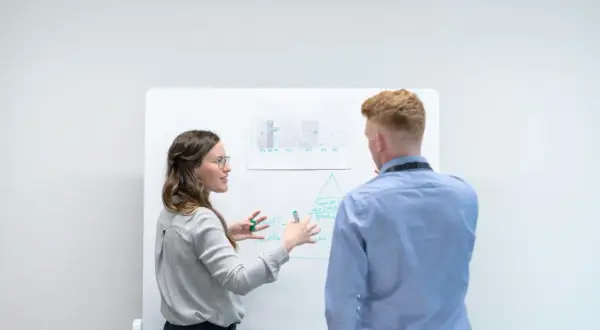 Kvinna förklarar en modell på whiteboarden för en man. Diskussionen kan handla om skillnad mellan befattningsbeskrivning och arbetsbeskrivning.