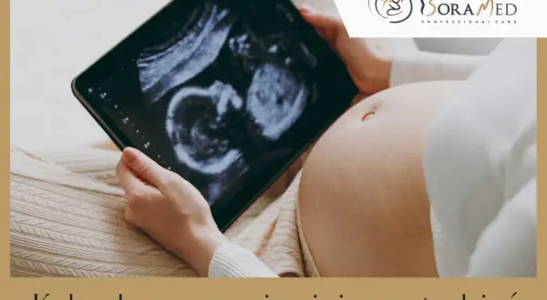Kobieta ogląda USG dziecka na tablecie. To kalendarz rozwoju ciąży: 22 tydzień.
