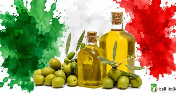 Bottiglie di olio extravergine d'oliva e olive fresche, con sfondo a macchie verdi, bianche e rosse, che ricordano la bandiera italiana. La migliore classifica olio extravergine di oliva.