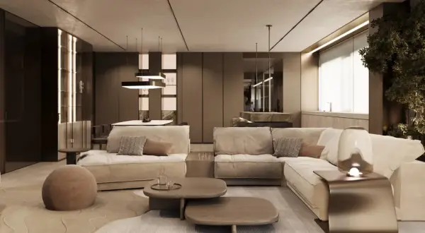 Przytulny salon w stylu quiet luxury: beżowa sofa, drewniane stoliki, miękki dywan i subtelne oświetlenie tworzą oazę spokoju.