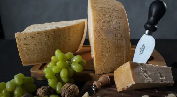 Kawałki sera Parmigiano Reggiano, winogrona, orzechy i noże do sera na drewnianej desce.