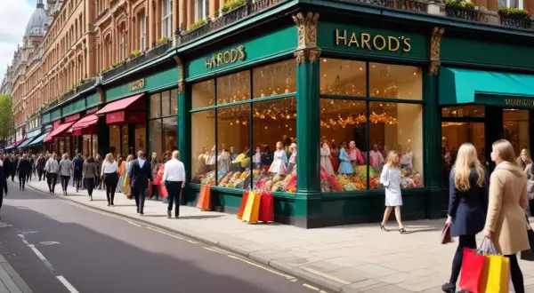 Folk shoppar på Harrods, en av Londons mest kända london butiker. Fönstren är fyllda med färgglada varor och skyltdockor.