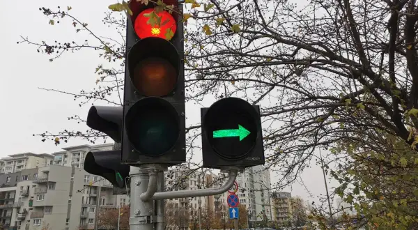 Sygnalizator S2 z czerwonym światłem na górze i zieloną strzałką w prawo. Za nim gałęzie drzew i budynki.