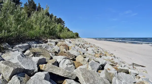 Kamienisty brzeg morza z zielenią i piaszczystą plażą w tle.