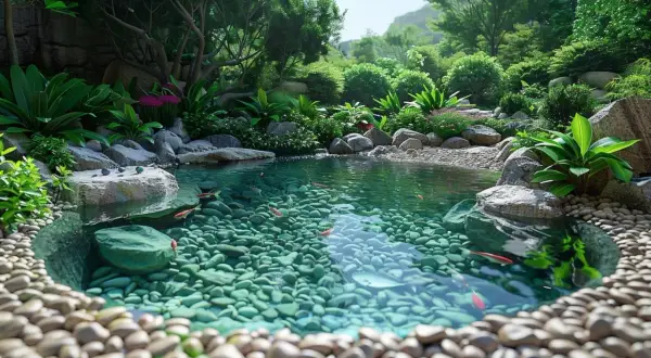 Un étang paisible, bordé de galets et de verdure luxuriante, abrite des poissons rouges nageant parmi les pierres. Un véritable **algue jardin** miniature.