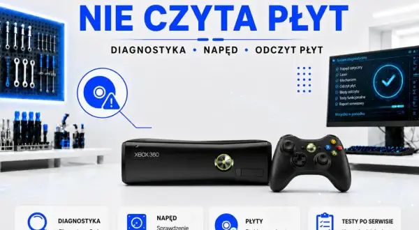 Konsola Xbox 360 z kontrolerem i narzędziami, gotowa na diagnostykę napędu i odczytu płyt. Idealna dla fanów Xbox games showcase.