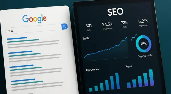 Pantalla de Google con búsqueda "SEO" y tablet mostrando métricas de SEO: tráfico, clics, impresiones. Ideal para aprender SEO gratis.