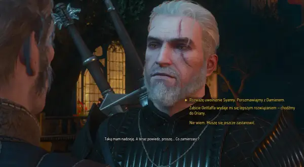 Geralt z Rivii w "Wiedźmin 3 Długa Noc" rozważa trudne decyzje. Jego blizny i zmęczone oczy świadczą o ciężkiej nocy.
