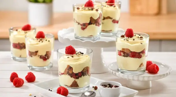 Schichtdesserts im Glas mit Himbeeren und Creme – ein schnelles Dessert, das begeistert.