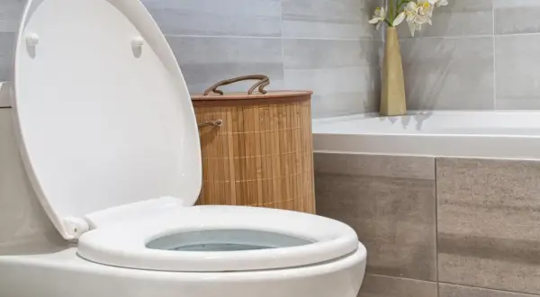 Biała deska WC z otwartą klapą, obok bambusowy kosz i wazon z kwiatami. Dowiedz się, jak dobrać deskę WC do swojej łazienki.