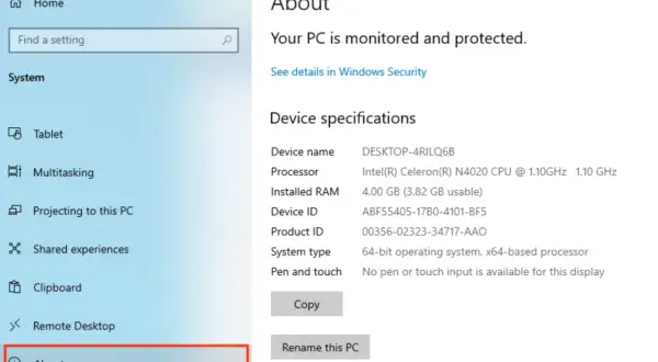 Ekran ustawień Windows, sekcja "Informacje" pokazuje, jak sprawdzić parametry komputera: nazwa urządzenia, procesor, RAM, typ systemu.