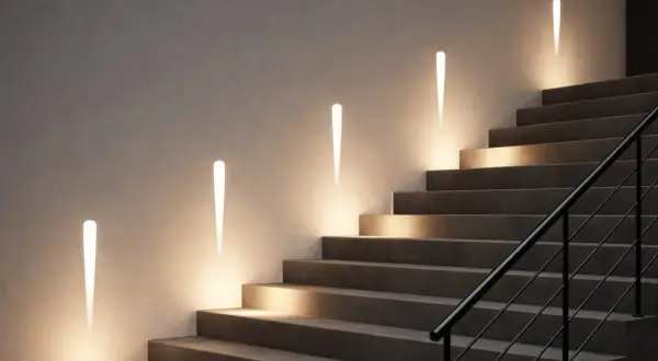 Nowoczesne oświetlenie LED schodów wpuszczane w ścianę z czujnikiem ruchu. Eleganckie, stożkowe lampy subtelnie rozświetlają stopnie.