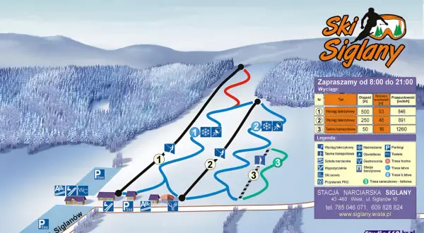 Mapa stacji narciarskiej Siglany w Wiśle z zaznaczonymi wyciągami narciarskimi, trasami i infrastrukturą.