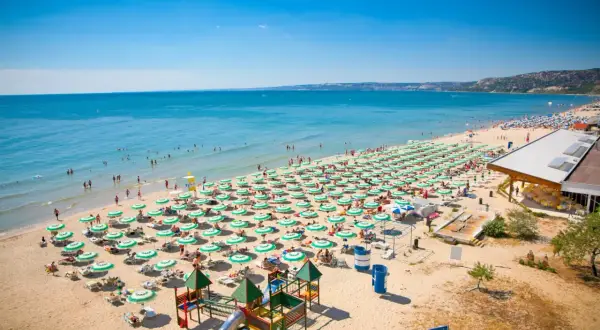 Słoneczna plaża w Złote Piaski pełna leżaków i parasoli, z ludźmi kąpiącymi się w morzu i bawiącymi na placu zabaw.