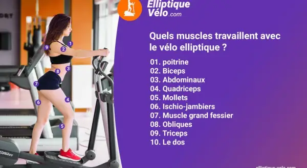 Une femme utilise un vélo elliptique, un appareil de fitness qui sollicite de nombreux muscles.