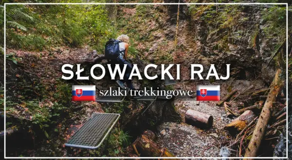 Turystka pokonuje trudny szlak w Słowackim Raju, używając drabin i klamer.