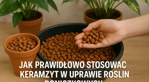 Dłoń trzyma keramzyt, pokazując, ile go potrzeba do doniczki. W tle rośliny w doniczkach.