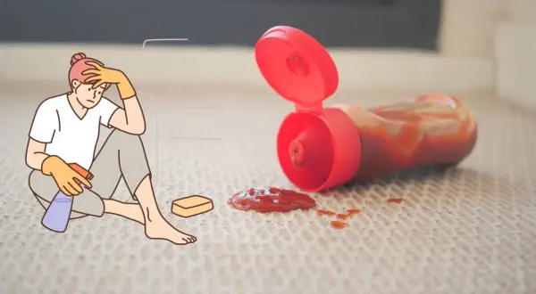 Verzweifelte Person mit Putzmitteln und Schwamm sitzt neben Ketchupfleck auf dem Boden. Der Kampf um den outdoor teppich reinigen beginnt.