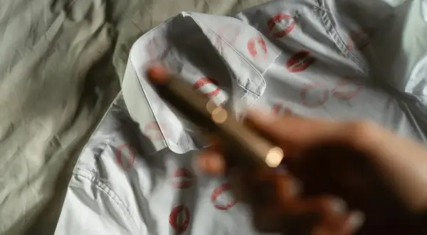 Ein weißes Hemd mit vielen roten Lippenstiftabdrücken. Eine Hand hält einen Lippenstift, um die Flecken zu entfernen.
