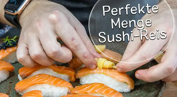 Hände arrangieren Sushi mit Lachs. Die perfekte Menge Sushi-Reis pro Person ist entscheidend für den Genuss.