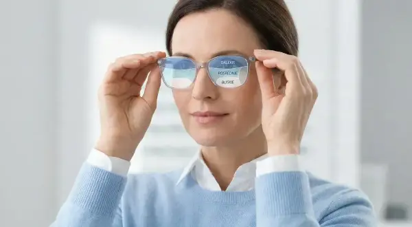 Kobieta z okularami progresywnymi, na których widać napisy: "DALSKIE", "POŚREDNIE", "BLISKIE". Może to symbolizować objawy źle dobrane okulary progresywne.