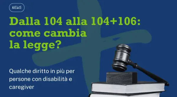 Martelletto da giudice su libri, con testo "Dalla 104 alla 104+106: come cambia la legge? Qualche diritto in più per persone con disabilità e caregiver". Riferimento alla legge 67/2006.