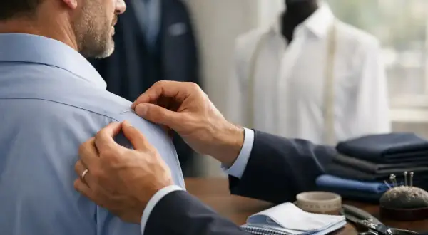 Sarto aggiusta le maniche camicia di un cliente, con tessuti e forbici sul tavolo.