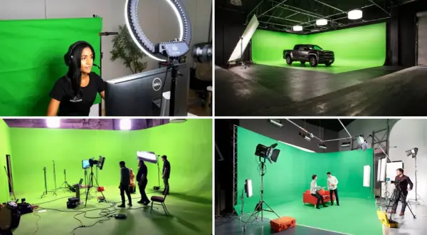 Various setups showcase professional lighting for green screen studios, from a streamer with a ring light to a car shoot and interview scenes.