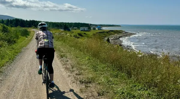 Rowerzystka na leśnych trasach rowerowych, podziwiająca widok na morze i domki na wybrzeżu.