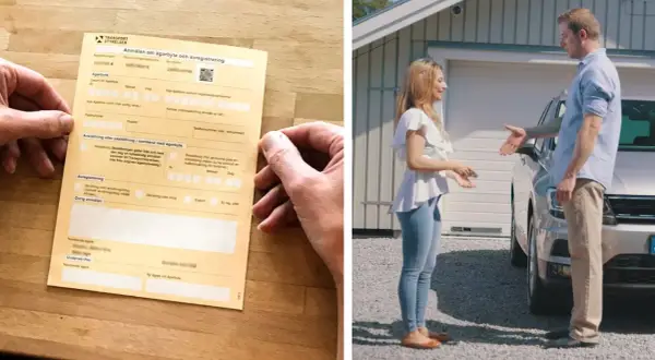 Här visas en anmälan om ägarbyte. Denna del av registreringsbeviset ska vara i bilen vid ägarbyte.