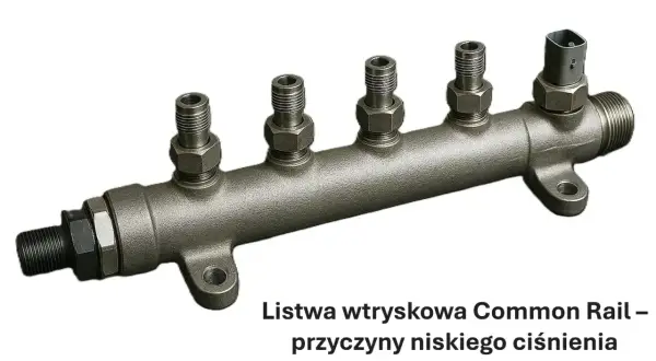 Metalowa listwa wtryskowa Common Rail z pięcioma wyjściami, złączem elektrycznym i mocowaniami.