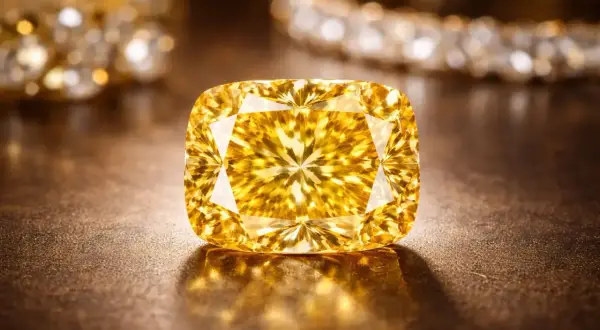 Olśniewający żółty diament, symbol luksusu. Gdzie można znaleźć diamenty? W skarbcach, u jubilera, a czasem w naturze.