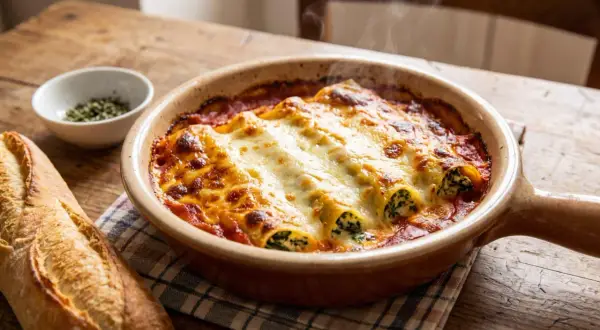 Cannelloni maison gratinés, fumants et dorés, servis dans un plat en terre cuite avec une baguette croustillante.