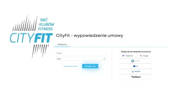 Logo CityFit i formularz logowania z opcjami Facebook, Google, PZU Sport, Fit Profit, Medicover Sport, MultiSport.