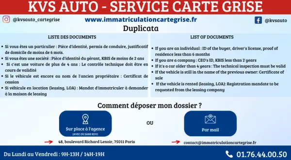 KVS AUTO propose un service carte grise. Découvrez la liste des documents nécessaires pour votre duplicata. Le prix de la perte de carte grise est abordé.