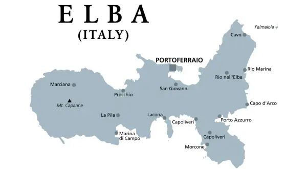 Mappa dell'Isola d'Elba, in Italia, con le principali località come Portoferraio, Marciana e Porto Azzurro.