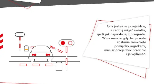Ilustracja pokazuje samochód na przejeździe kolejowym, gdzie migają światła i opadają rogatki. Wskazówka dla kierowców: gdy auto zostanie uwięzione między rogatkami, należy je wyłamać.