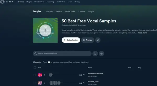 LANDR-Sammlung "50 Best Free Vocal Samples" mit kostenlosen Vocals für deine Tracks.