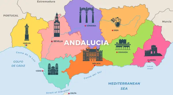 Mapa de Andalucía con sus provincias y monumentos icónicos. Descubre la tarifa como llegar a cada destino.