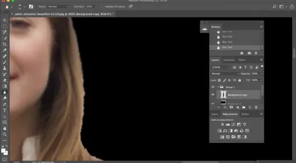 Demonstrates how to cut out an image in Photoshop, showing the Layers panel with a "Background copy" layer selected.