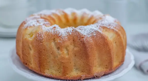 Puszysta babka cytrynowa na oleju Ewy Wachowicz, oprószona cukrem pudrem, prezentuje się apetycznie.