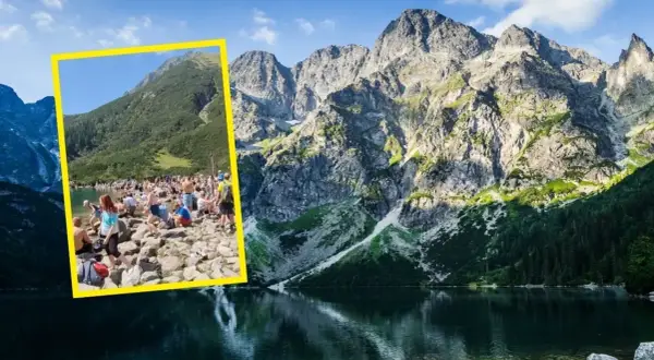 Tłum ludzi nad Morskim Okiem. Ciekawostki o tym miejscu to m.in. jego głębokość i pochodzenie.