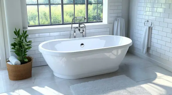 Baignoire îlot blanche, robinetterie chromée, devant une grande fenêtre avec vue sur la verdure. Une plante et des serviettes complètent cette pose baignoire semi ilot.