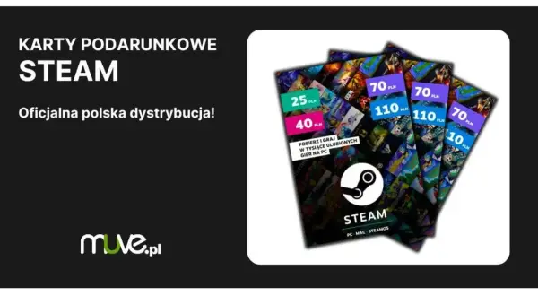 Karty podarunkowe Steam to świetny sposób na zakup gier. Na zdjęciu widać różne nominały kart, np. 70, 110, 25 i 40 PLN.