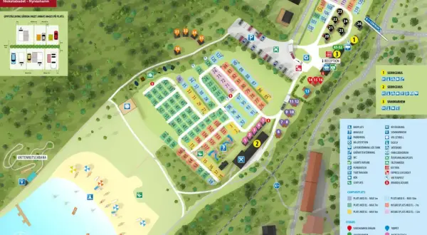 Karta över First Camp Nickstabadet – Nynäshamn med campingplatser, stugor, servicehus, vattenrutschbana och badplats.