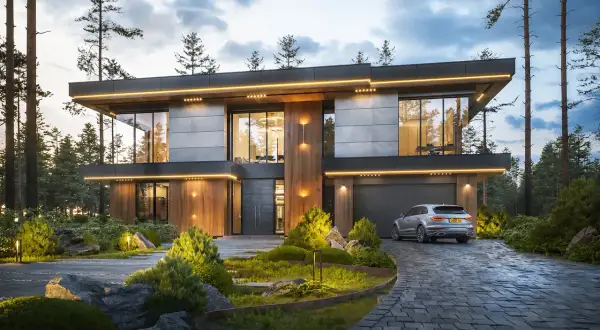 Nowoczesny dom z piwnicą, projekt z drewna i betonu, otoczony lasem. Elegancka bryła, duże okna, oświetlenie podkreślające architekturę.