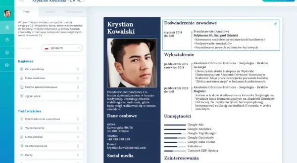 Krystian Kowalski tworzy CV dla nieletnich, prezentując swoje doświadczenie i wykształcenie.