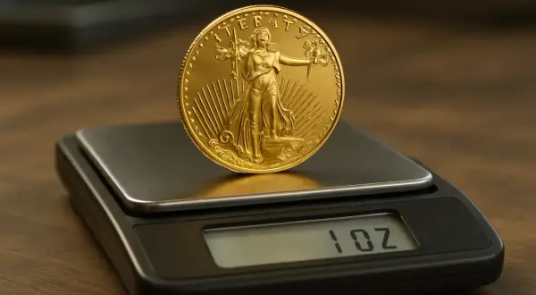 Złota moneta z Lady Liberty na wadze jubilerskiej, która pokazuje 1 uncja.