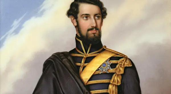 Porträtt av Karl XV i mörk uniform med gulddekorationer och en blå medalj.