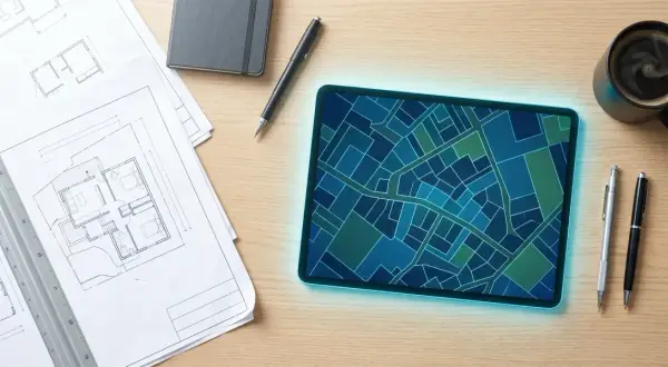 Planowanie nieruchomości i sprawdzanie, jak sprawdzić kto jest właścicielem działki, przy użyciu mapy cyfrowej na tablecie, planów architektonicznych i przyborów do pisania.